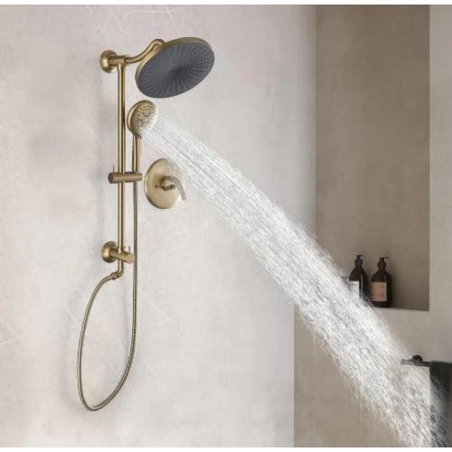 2-Spray Patterns 10 in. Wall Mount Dual Shower Heads with 5-Setting Hand Showers System in Brushed Gold