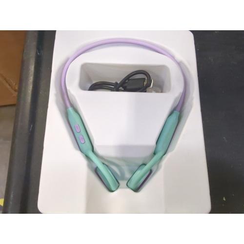 Color purple and green iClever Kids Headphones, Bluetooth 5.4 Air Conduction Open Ear Headphones, Safe Volume 74&85 dBA, Clear Audio, 360° Bending, Ultra-Light Comfortable Kids Wireless Headphones for iPad/Travel/Sports