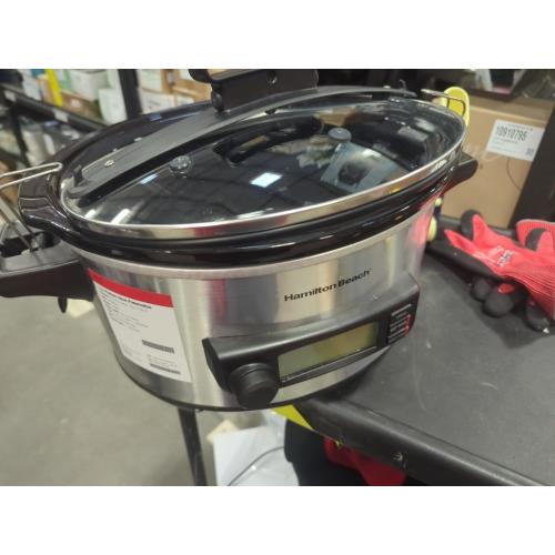 Hamilton Beach Portable 6 Quart Set & Forget Digital Programmable Slow Cooker with Lid Lock, Temperature Probe, Dishwasher Safe Crock & Lid, Stainless Steel (33969A)