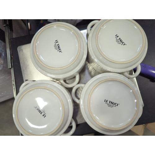 LE TAUCI Soup Bowls with Handles, 20 oz French Onion Soup Crocks, Stackable Soup Bowl Oven Safe for Chili, Beef Stew, Embossment Ceramic Bowl Set - 5.4 Inch, Set of 4, Arctic White