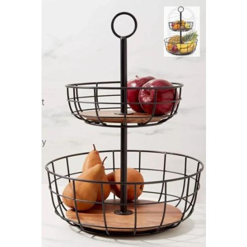 2 Tier Fruit Basket mango wood and iron NEEDS BOLT