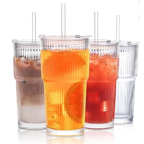 20 oz Ribbed Glass Tumblers with Lids and Straws – 4-Piece Glassware Set