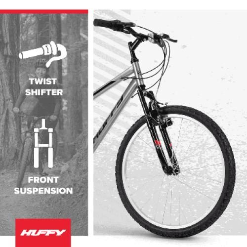 Huffy 24” Rock Creek Mountain Bike, Fits Riders 58” - 70”, Gray, Youth, Boy’s