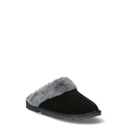 Joyspun Womens Suede Clog Slippers Black With Gray Faux Fur SIZE 7 Joyspun Women's Suede Clog Slippers