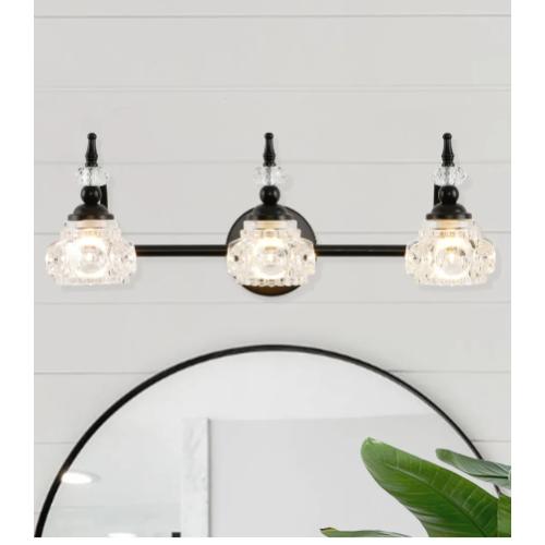 3 Lights Bathroom Lighting,Vintage Bathroom Vanity Light with Crystal Glass Shade - Black