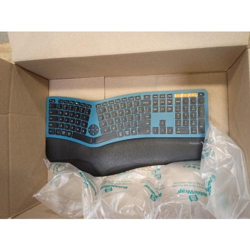 ProtoArc EK01 Plus Backlit Bluetooth Ergonomic Keyboard, Full Size, Blue | Adjustable brightness, split design, cushioned wrist rest, connect 3 devices via Bluetooth/2.4G, 2000mAh USB-C rechargeable.