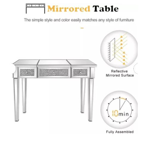 VINGLI Mirrored Vanity Desk With Drawers and Flip Mirror, Glass Table, Silver Makeup Desk for Bedroom/Makeup Room