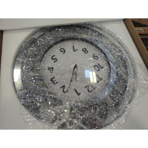 Size 16x16x12  Crystal Crushed Diamond Mirrored Round Wall Clock 16x16x2 inches for Wall Decoration Silver Glass Mirror Clock Sparkle Twinkle Bling Home Decor. AA Battery is not Included.