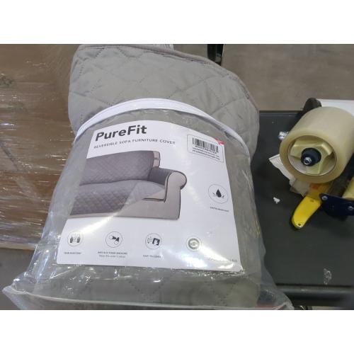 Color Grey PureFit Reversible Quilted Sofa Cover, Water Resistant Slipcover Furniture Protector, Washable Couch Cover with Non Slip and Elastic Straps for Kids, Dogs, Pets (Sofa, Gray/Light Gray)