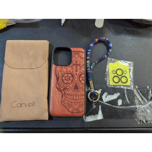 Carveit Magnetic Wooden Case for iPhone 15 Pro Case, Compatible with MagSafe Wireless Chargers, Black Soft TPU Shockproof Cover & Wood Artisan Engraved (Sugar Skull) - Walnut