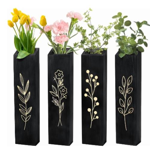 peacoblue Wood Wall Planter, 4 Pack Indoor Pocket Wall Vases Decor for Boho Farmhouse Living Room Bedroom Dried Flowers Faux Greenery Plants Black
