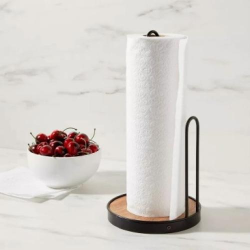 Iron and Mangowood Wire Paper Towel Holder Black - Freestanding Kitchen Napkin Holder