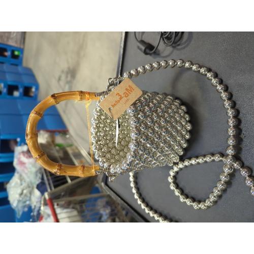 Women's Pearl Beaded Bag Natural Bamboo Handle Purse Handbag for Summer Vacation and Formal Evening Prom