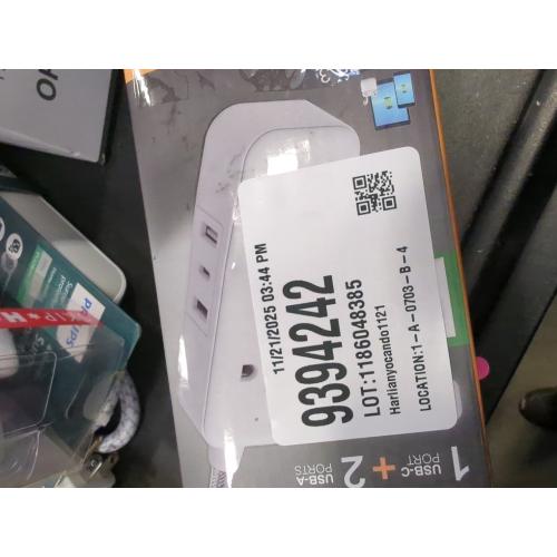 GE 2-Outlet Extension Cord 2 USB-A 1 USB-C 12W 6' Braided White/Gray