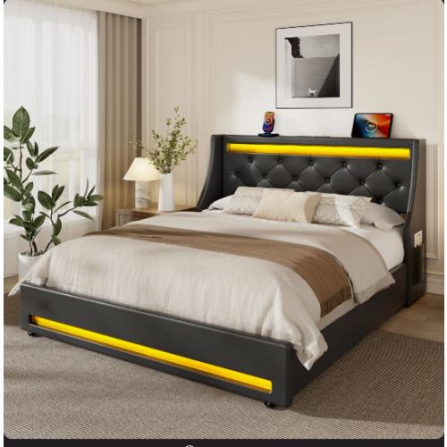 Full Upholstered Platform Bed Frame with Wingback Headboard & LED Lights& 4 Storage Drawers Black