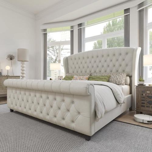 Dulane Chenille / Velvet King Upholstered Sleigh Bed with Scroll Wingback Headboard Cream