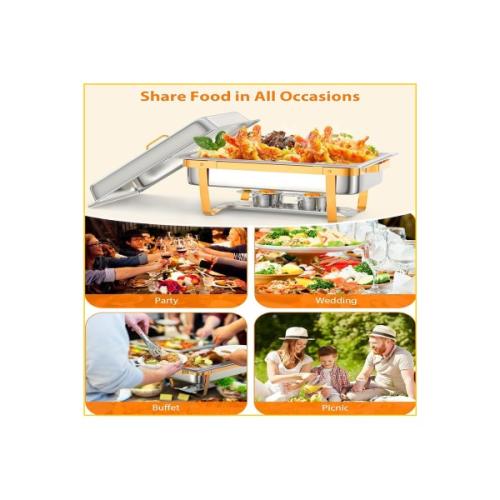 Chafing Dish Buffet Set - 8QT Stainless Steel, w/Lid Holder   Serving Spoon & Tweezers | Durable Portable for Catering, Weddings, Home Dining | Keep Food Warm & Easy Clean，Gold