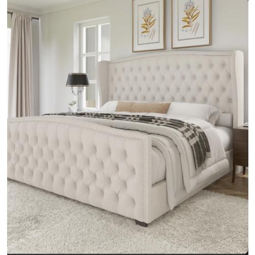 King DuJuan Deep Button Tufted Upholstered King Bed with Nailhead Trim Wingback Headboard, Cream