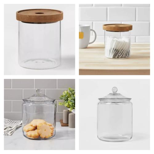 Glass Storage Canister with wood lid - Small - Threshold™: Clear Glass Jar with Wood Lid, 1 qt. Food Storage Container &            138oz Glass Jar and Lid - Threshold™: Clear Glass Container, Cookie & Candy Storage, Hand Wash, 9.54 Height
