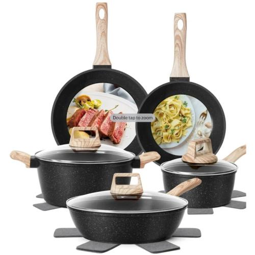 SODAY 12pcs Pots and Pans Set Non Stick Kitchen Cookware Sets Induction Cookware Nonstick Granite Cooking Set with Frying Pans, Saucepans.