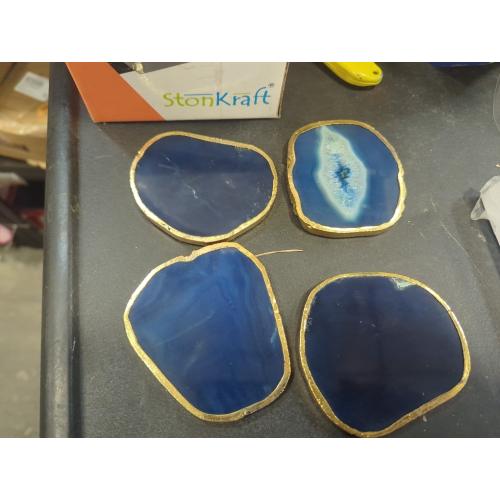 Set of 4 Color Blue Blue Agate Coasters Set of 4,Brazilian Geode Coasters for Drinks with Gold Rim(4-3.5),Natural Gem Stone Coasters Blue,Gemstone Cup Mat for Home Decor by Yougoals(4)