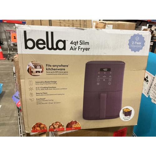 bella 4Qt Slim Air Fryer, Fits-anywhere™ Kitchenware, EverGood™ Ceramic Nonstick Coating, Adjustable Temperature, 6 Preset Cooking Options, 60 Min Auto Shutoff w Audible Tone, 3.3lb Capacity, Plum