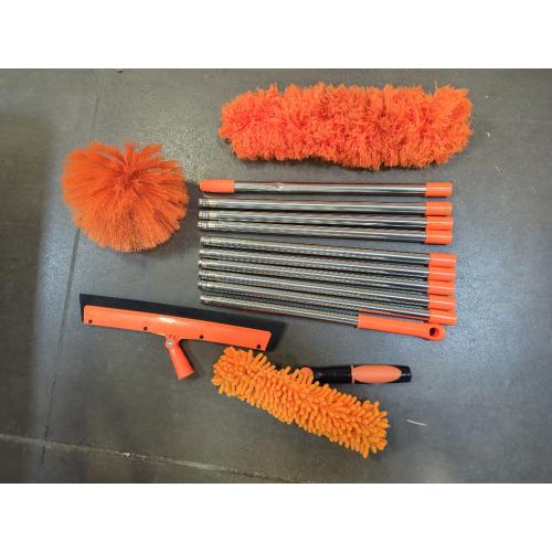 Orange 20  Feet High Reach Duster Kit with 3-14 ft Extension Pole // High Ceiling Dusting and Window Cleaning Kit with Spliceable Pole - Window Washer & Squeegee, Cobweb Duster, Fan Blade and Feather Dusters