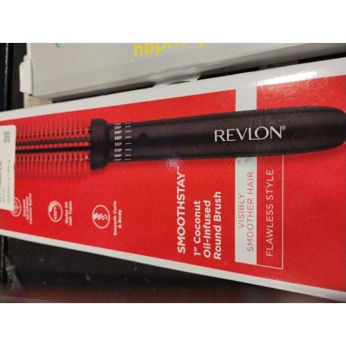REVLON New and Improved SmoothStay Coconut Oil-Infused Heated Hair Styling Brush | 1” Barrel for Voluminous, Shiny Results (Black/Red)