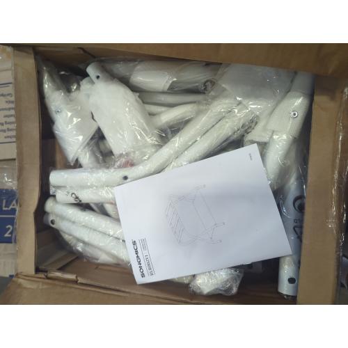 Set of 2 Size 27.2 x 15 x 20.5 Color White  SONGMICS Luggage Racks, Set of 2, Suitcase Stand with Fabric Storage Shelf, for Guest Room, Bedroom, Hotel, Foldable, Holds up to 110 lb, 27.2 x 15 x 20.5 Inches, Cloud White RLR002W02