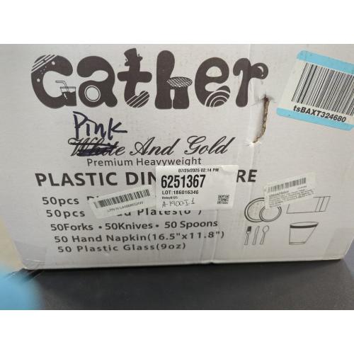 GATHER 350pcs Pink Plastic Plates - Disposable Plastic Dinnerware Set Include 100 Pink Plates, 150 Silverware, 50 Napkins, 50 Cups for Party & Wedding