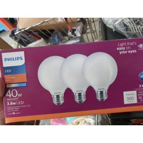 PHILIPS LED Frosted Non-Dimmable G25 Light Bulb - Pack of 3 - EyeComfort Flicker Free - 3.8W = 40W - 350 Lumen - Soft White (2700K) - E26 Base - Indoor - Title 20