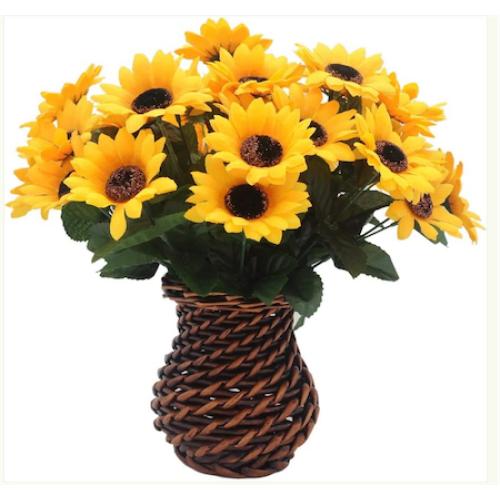 Velener Artificial Silk Sunflower with Rattan Vase Daisy Arrangement, Flowers & Stems, Sunflower Bouquet, Handmade Willow, Fake Flowers in Vase for Home Decor