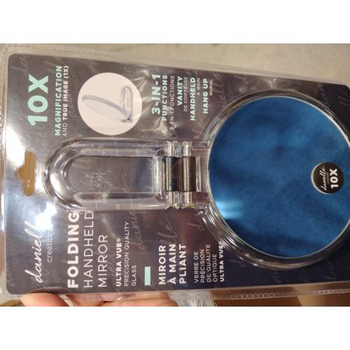 Danielle Folding Makeup Mirror with Handle/Stand, 10X Magnification, Clear Acrylic