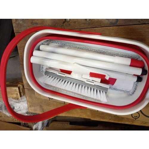 Outdoor Mop and Bucket Set with Scrub Brush for Concrete, Patio, Deck | Collapsible bucket saves space. Heavy duty scrub mop. Adjustable handle. Indoor or outdoor. Hardwood, Tile, Garage, RV
