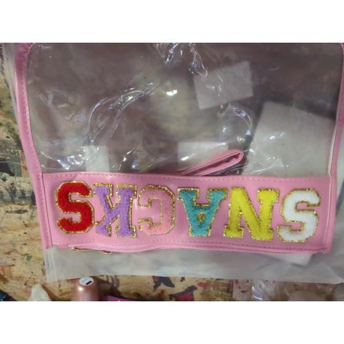 Large Chenille Letter Clear Zipper Pouch for Travel, Nylon Makeup Letter Bag, PVC Waterproof Cosmetic Bag, Snack Bags for Women Girls, Clear Stuff Bags For Travel(Pink-Snacks)