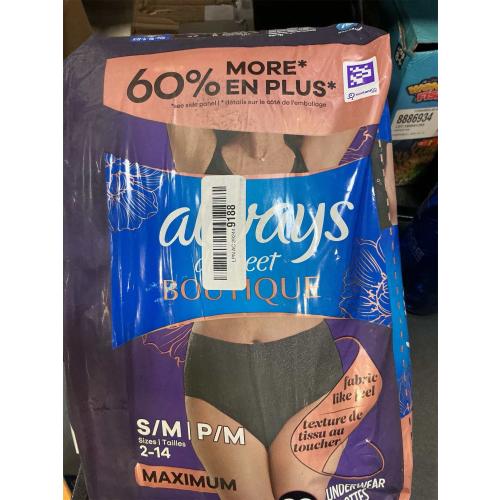 size S/M Always Discreet Boutique Incontinence and Postpartum Underwear for Women, Maximum Protection, Large, Black, 18 Count