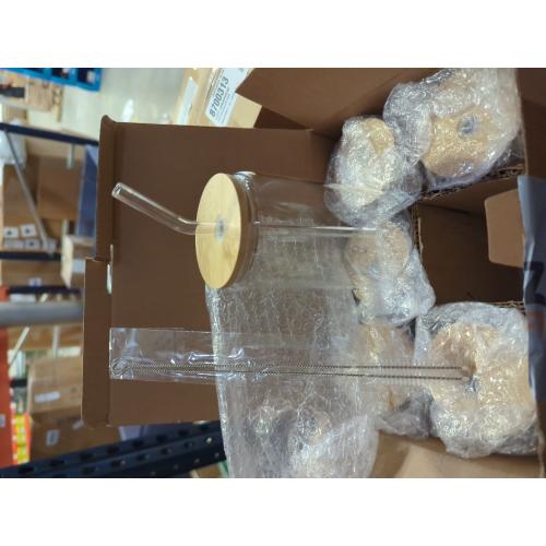 [ 6pcs Set ] Glass Cups with Bamboo Lids and Glass Straw - Beer Shaped Drinking Glasses, 16 oz Iced Coffee Glasses, Cute Tumbler Cup for Smoothie, Boba Tea, Whiskey, Water - 2 Cleaning Brushes