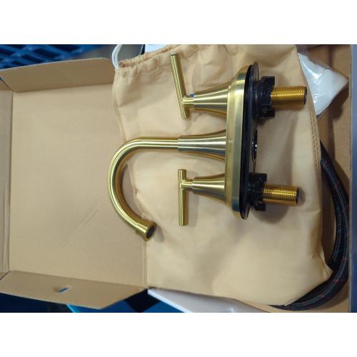 Gold 4 Inch Bathroom Faucets for Sink 3 Hole, Faucet for Bathroom Sink with Pop-up Drain & Supply Hoses, 2-Handle 360 Swivel Spout Stainless Steel Lead-Free, Centerset Faucet for Vanity Lavatory