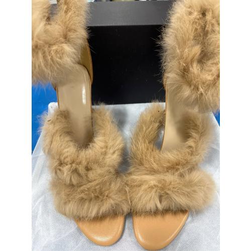 FURINFASHION GR-67 Women's Luxury Real Fur Heeled Sandals Summer With Real Mink Fur Straps Furry Sexy High Heels Open Toe Thin Heels Stiletto (12, Nude Pink)