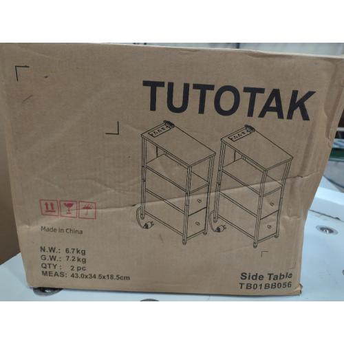TUTOTAK Small Narrow LED End Table with Charging Station, Side Table Outlets, Nightstand with 2 Cloth Drawers, Set of 2, Couch Table, for Living Room, Bedroom, Bedside, Brown TB01BB056