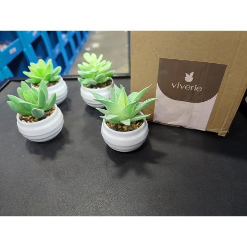 VIVERIE Mini green Artificial Succulent in Pots (White Ceramic, 4 Pot Set) Fake Plants for Indoors, Office Decor Blue Christmas for Women, Office Home Decor Gifts-Faux Plant