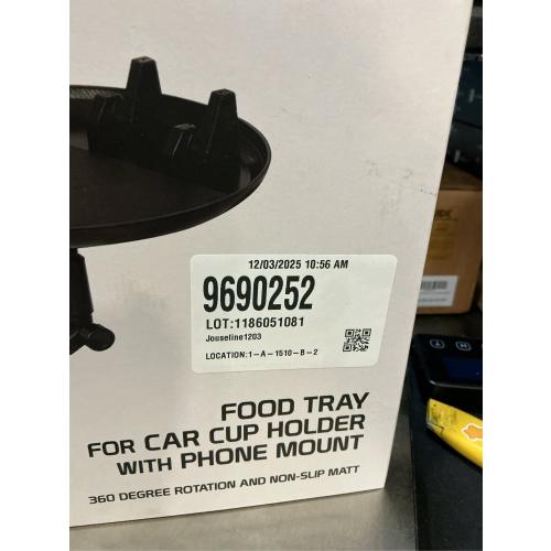 Cellet Cup Holder Tray for Car with Phone Mount – Expandable Base, 360° Rotation Food & Drink Tray with Non-Slip Surface, Adjustable Arm for Eating in Vehicle – Fits Most Standard Car Cup Holders