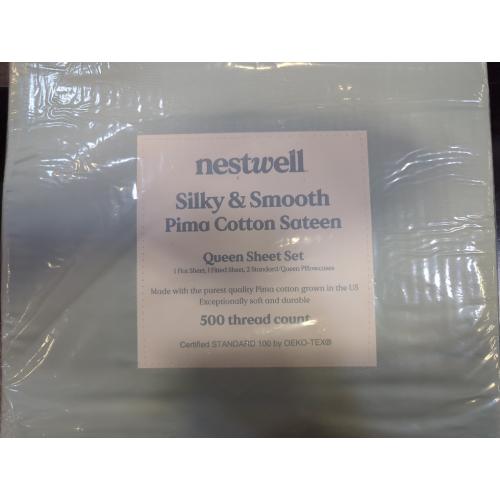 Starlight Blue Queen Size Nestwell Pima Cotton Sateen 500-Thread-Count Queen Sheet Set in Starlight Blue