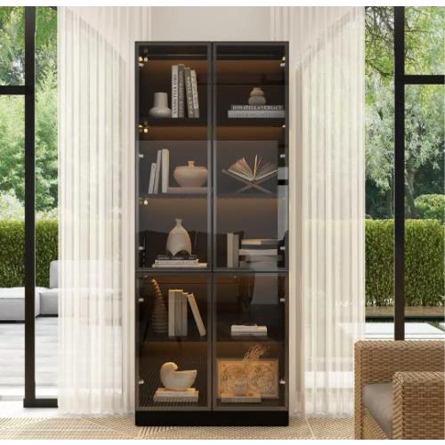 Black Wood Display Cabinet With Pop-up Tempered Glass Doors