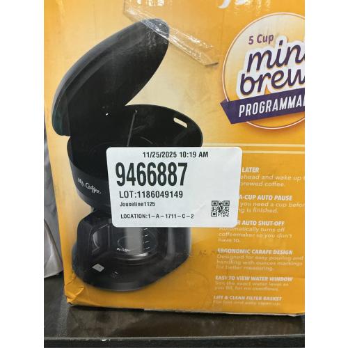 Mr. Coffee 5-Cup Programmable Coffee Maker Black: Drip Coffee Machine, Electric, Dishwasher-Safe, Paper Filter, 25 oz Capacity