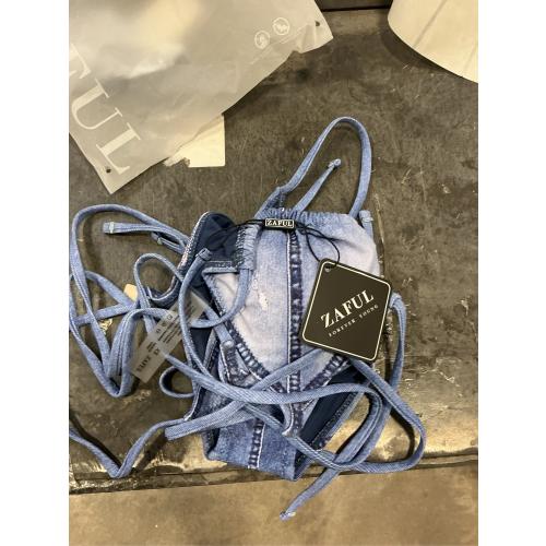 EXTRA SMALL ZAFUL Bikini Sets for Women Denim Print Halter Neck Two Piece Swimsuits Sexy Open Back Triangle High Cut Thong Bathing Suit