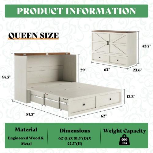 Size Queen Color White Wilkinson Farmhouse Queen Murphy Bed with Large Storage Drawer & Charging Station, White