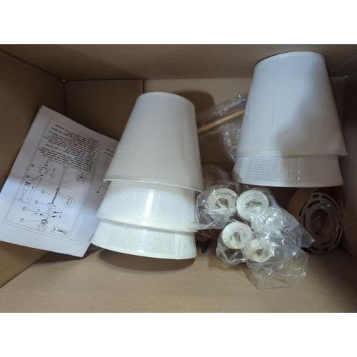 Farmhouse Chandelier, Gold Modern Dining Room Light Fixture with White Fabric Shade, 5-Light Height Adjustable Industrial Pendant Island Light Fixture for Foyer Entryway Hallway Kitchen Bedroom