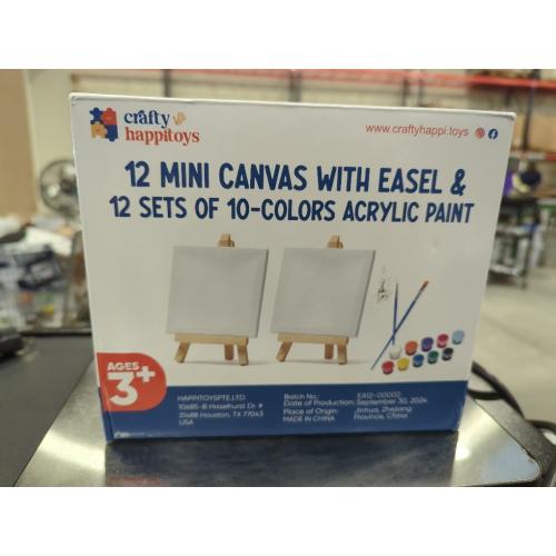 Mini Canvas and Easel Set with 10 Colors Acrylic Paint in Bulk Set of 12 - Kids Art Party Favors & Party Supplies - 4x4 Small Canvases for Painting with Mini Easel - Paint for Kids