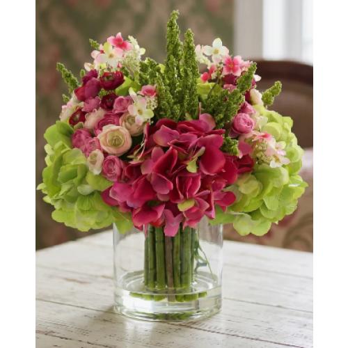 Hydrangea, Ranunculus, and Cherry Blossom Floral Arrangement in Vase